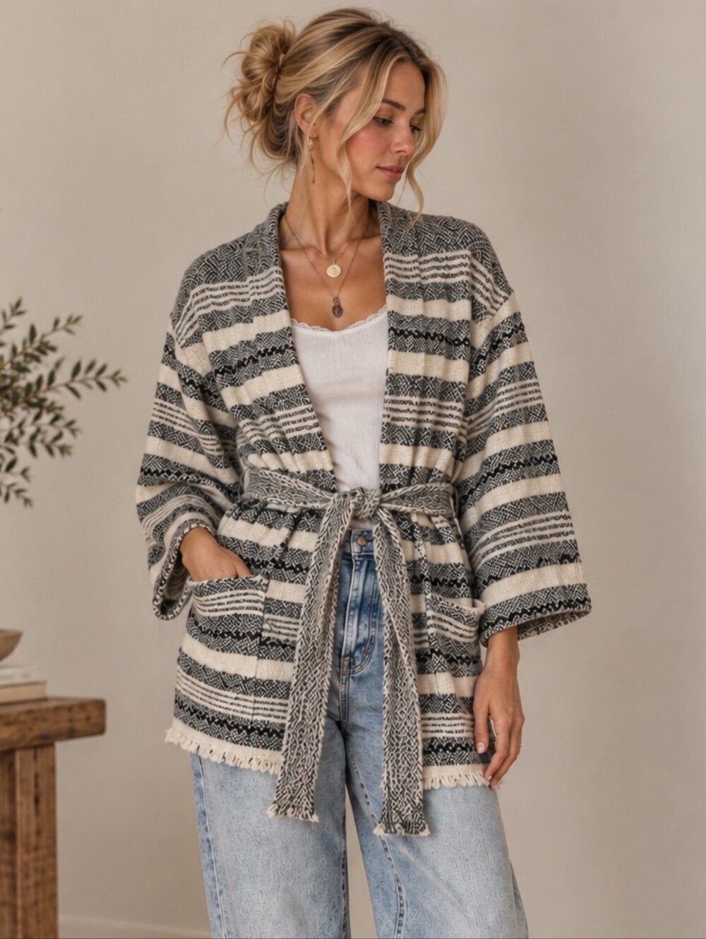 Eileen Fisher Striped Organic Cotton Belted Sweater Coat Jacket Fringe S/M